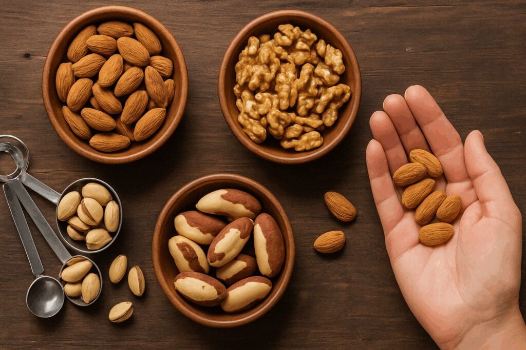 Small wooden bowls of almonds, walnuts, pistachios, and Brazil nuts with measuring spoons and a hand showing portion size, illustrating is it okay to eat nuts daily.