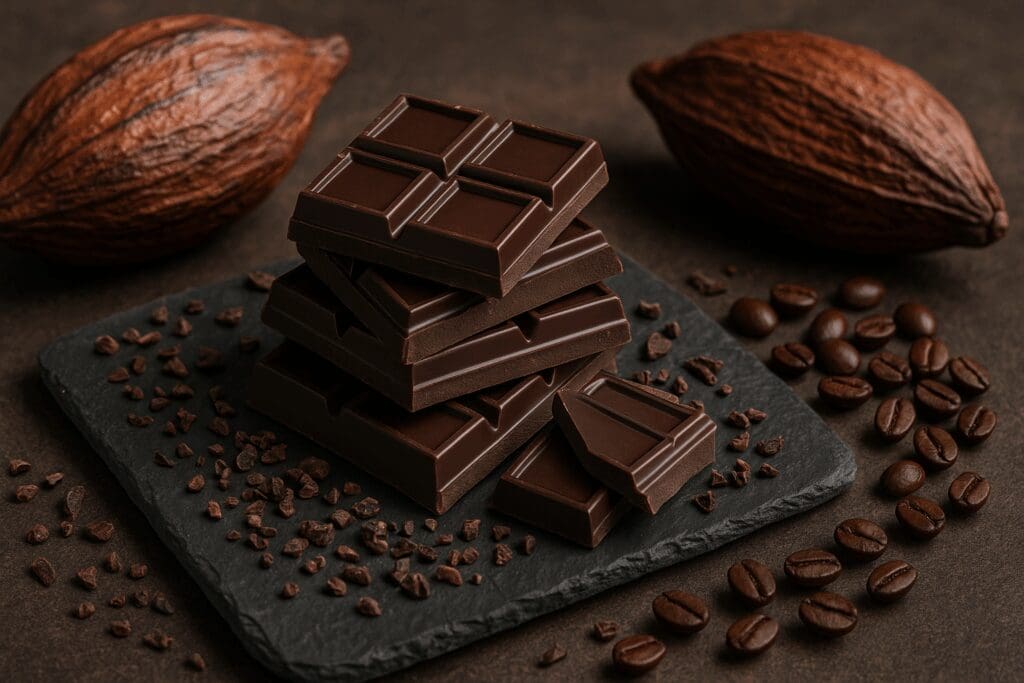 Dark chocolate squares stacked on slate with cacao pods, cocoa nibs, and coffee beans, exploring is it okay to eat chocolate daily.