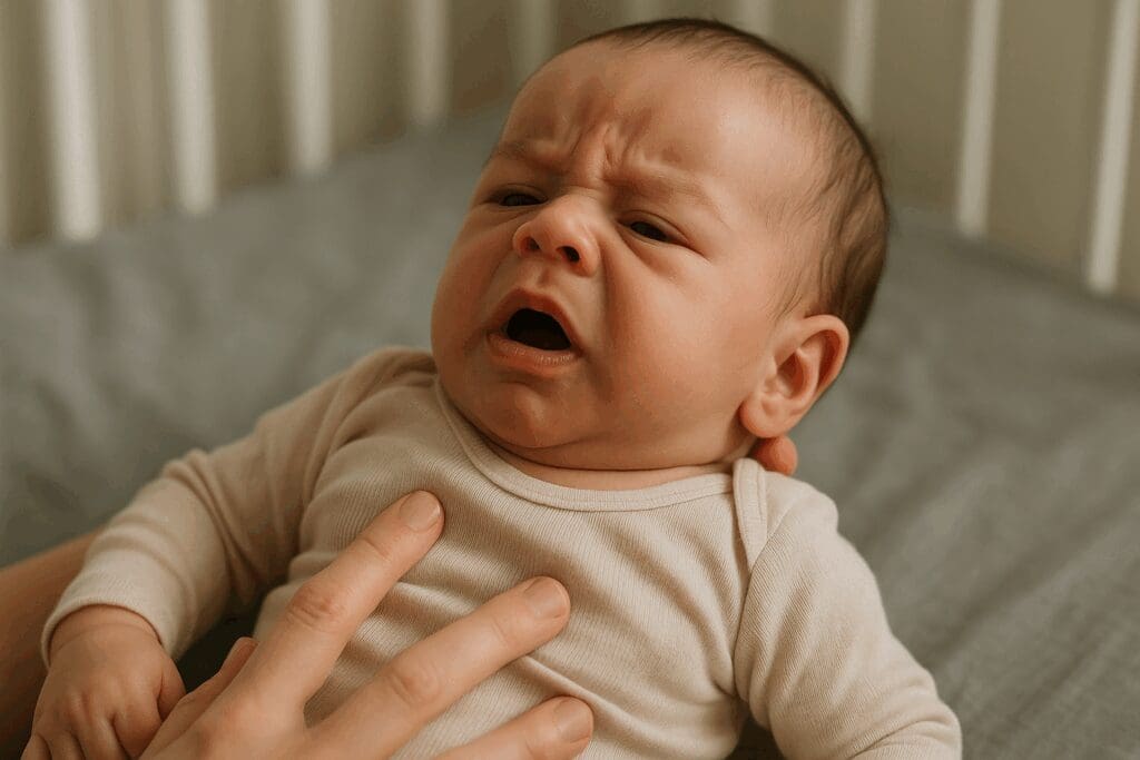 Infant showing labored breathing with flared nostrils and chest retractions, illustrating when to take baby to doctor for cough