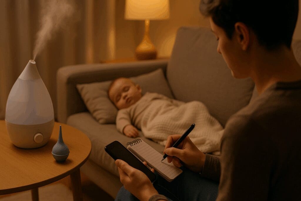 Parent tracking symptoms near resting infant with humidifier—scene reflects when to take baby to doctor for cough.