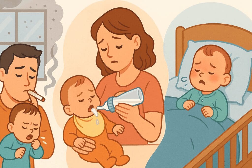 Baby coughing near cigarette smoke, another spitting up during feeding, and one sick in bed—illustrating when to take baby to doctor for cough.