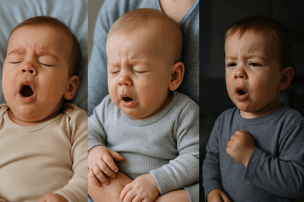 Three infants with different types of coughs—dry, mucus-filled, and barking—show signs of distress, helping illustrate when to take baby to doctor for cough.