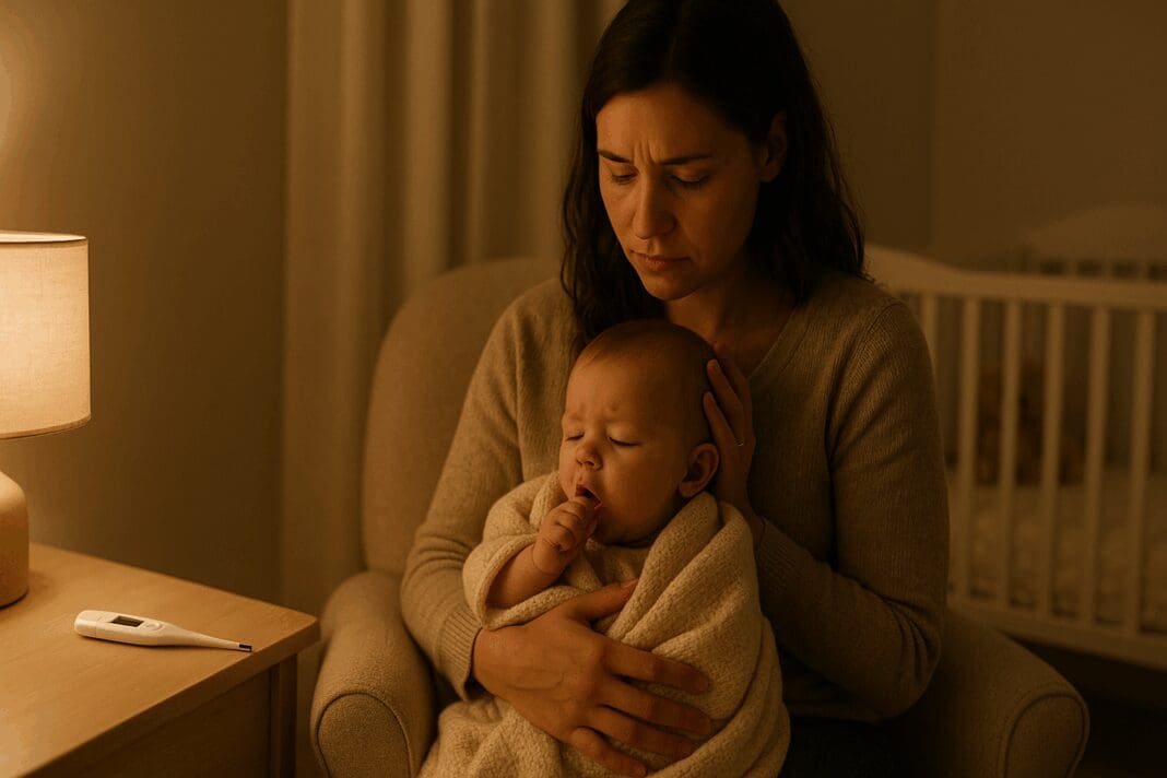 Concerned mother holding a coughing baby in a softly lit nursery, illustrating when to take baby to doctor for cough.