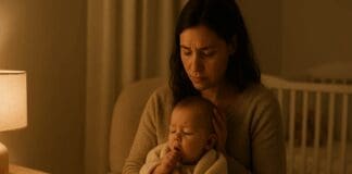Critical Signs Every Parent Should Know: When to Take Baby to Doctor for Cough Concerned mother holding a coughing baby in a softly lit nursery, illustrating when to take baby to doctor for cough.