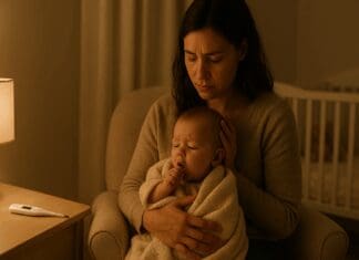 Concerned mother holding a coughing baby in a softly lit nursery, illustrating when to take baby to doctor for cough.