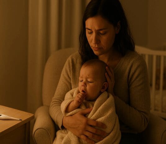 Concerned mother holding a coughing baby in a softly lit nursery, illustrating when to take baby to doctor for cough.