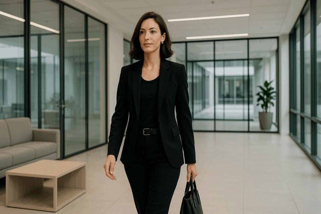 Confident woman walking through a modern office lobby wearing a black on black business casual outfit with tailored blazer and sleek pants.