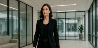 Effortless Confidence: How to Master Black on Black Business Casual for a Polished Office Look Confident woman walking through a modern office lobby wearing a black on black business casual outfit with tailored blazer and sleek pants.