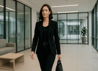 Confident woman walking through a modern office lobby wearing a black on black business casual outfit with tailored blazer and sleek pants.