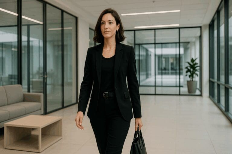 Confident woman walking through a modern office lobby wearing a black on black business casual outfit with tailored blazer and sleek pants.