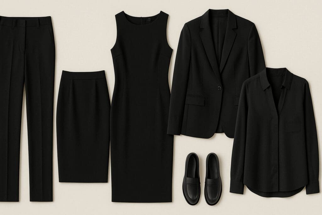 Flat lay of black on black business casual wardrobe essentials including trousers, pencil skirt, sheath dress, blazer, silk blouse, and loafers on a light background.