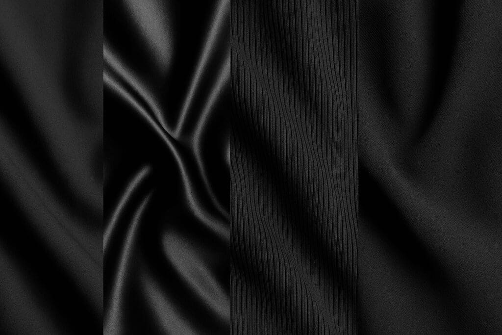 Four black fabrics—matte wool, shiny satin, ribbed knit, and crepe—draped side by side to illustrate texture contrast in black on black business casual styling