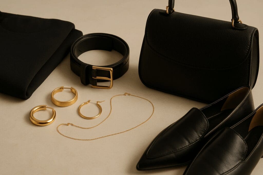 Gold jewelry, croc-embossed belt, leather handbag, and pointed loafers styled with a folded black outfit for a black on black business casual look.