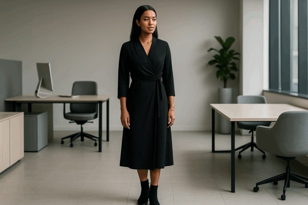 Professional woman in a black on black business casual wrap dress standing confidently in a modern office setting