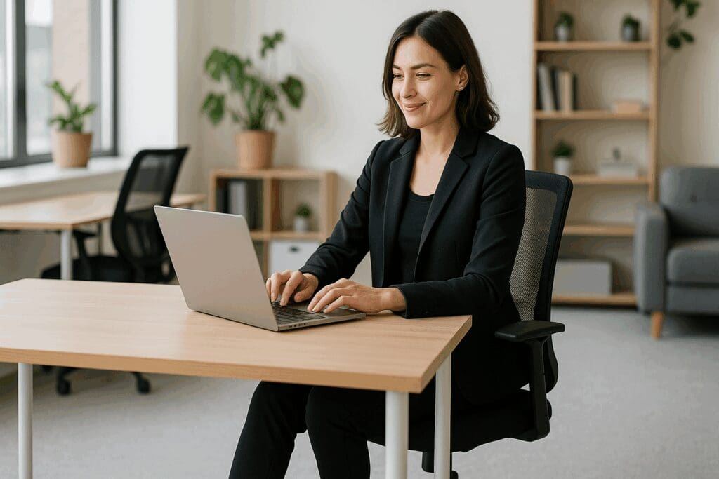 Woman in a black on black business casual outfit working on a laptop at a modern hybrid office desk