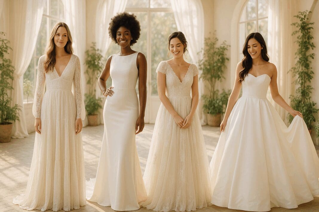 Four diverse brides in a sunlit studio showcasing affordable bridal dresses in bohemian, minimalist, vintage, and classic ball gown styles.