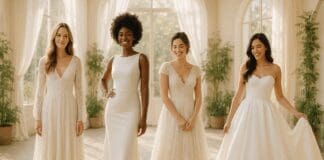 Effortless Elegance: The Ultimate Guide to Affordable Bridal Dresses for Every Style Moment Four diverse brides in a sunlit studio showcasing affordable bridal dresses in bohemian, minimalist, vintage, and classic ball gown styles.