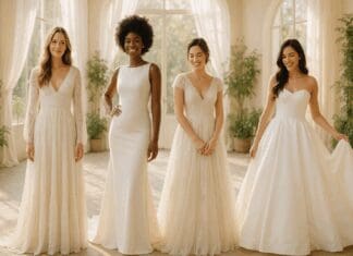 Four diverse brides in a sunlit studio showcasing affordable bridal dresses in bohemian, minimalist, vintage, and classic ball gown styles.