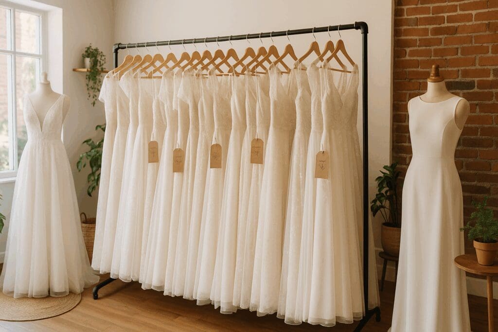 Rack of affordable bridal dresses in a cozy boutique with mannequins and sample sale tags.