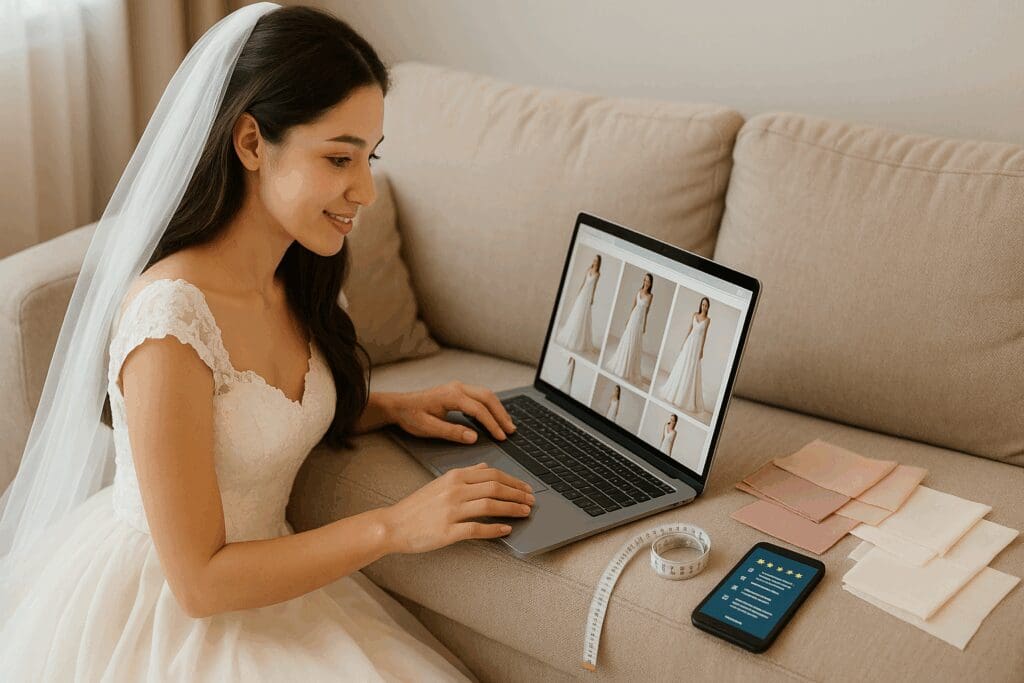 Bride browsing affordable bridal dresses online using a laptop, with fabric swatches, measuring tape, and smartphone reviews nearby.