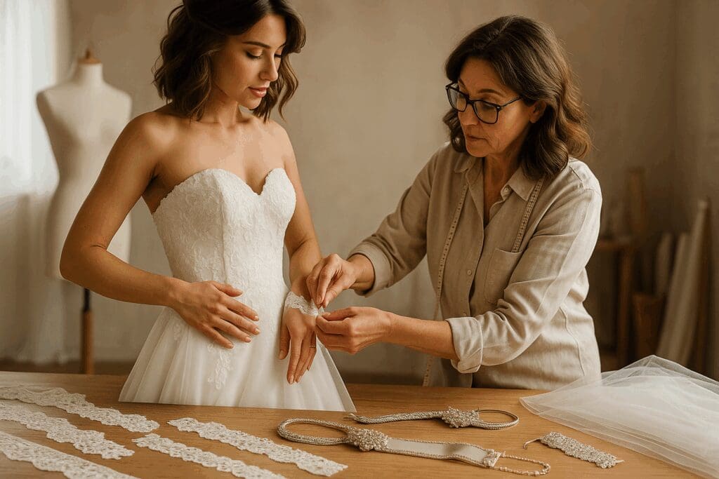 Bride collaborating with a seamstress to customize affordable bridal dresses using lace trims, veils, and elegant accessories.