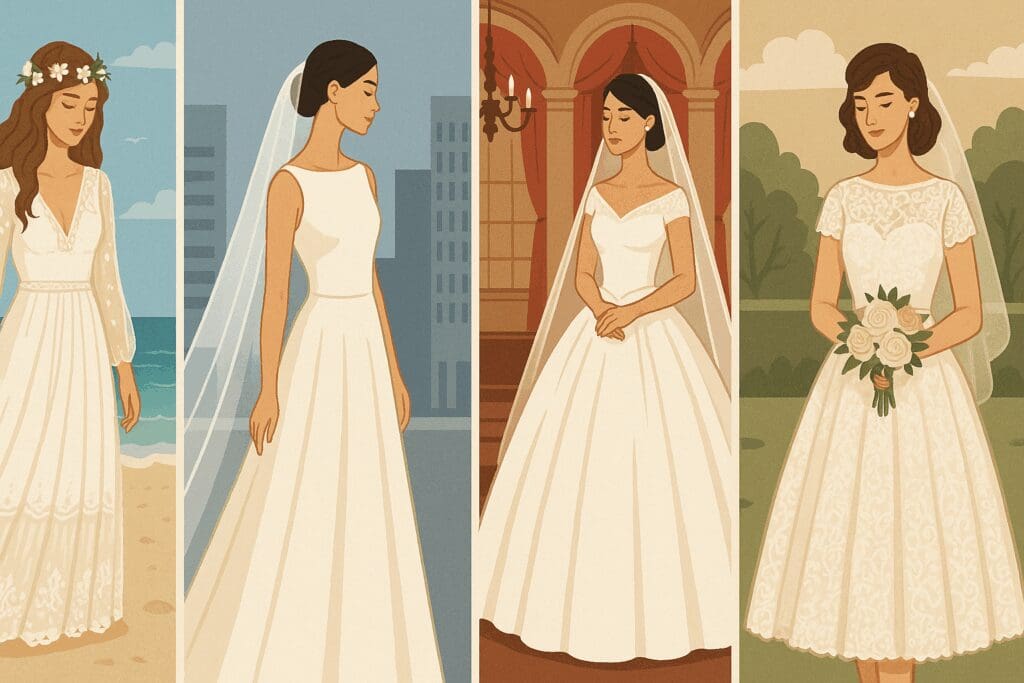 Brides showcasing affordable bridal dresses in bohemian, minimalist, traditional, and vintage styles with themed wedding backdrops.