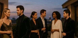 Effortless Elegance: The Ultimate Guide to After Five Wear for the Modern Workplace Professionals in elegant after five wear conversing at a stylish rooftop lounge during sunset.