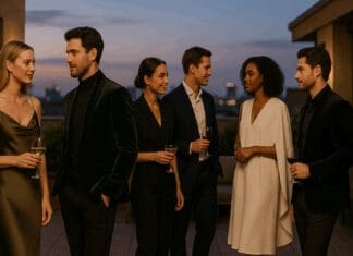 Professionals in elegant after five wear conversing at a stylish rooftop lounge during sunset.