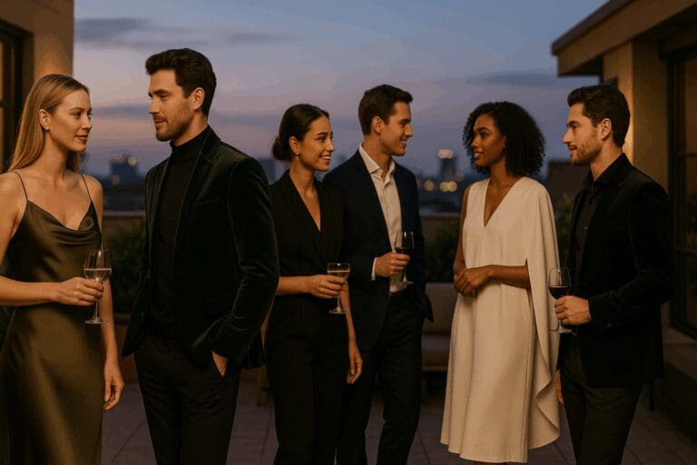 Professionals in elegant after five wear conversing at a stylish rooftop lounge during sunset.