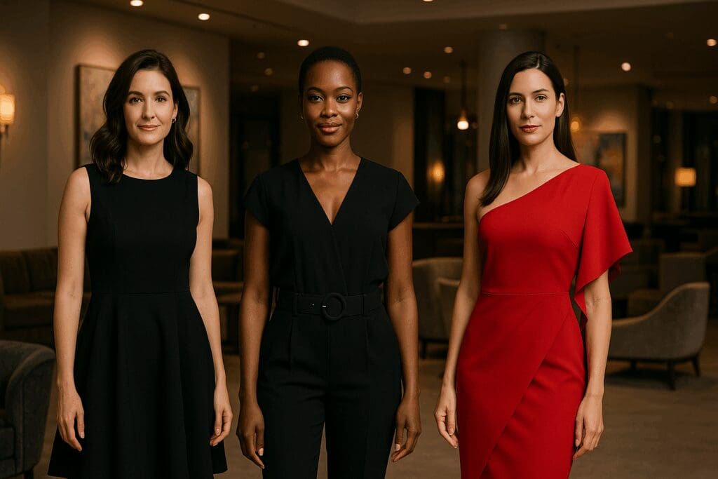 Three professional women wearing stylish after five wear including a fit-and-flare dress, belted jumpsuit, and asymmetric cocktail dress in a modern lounge