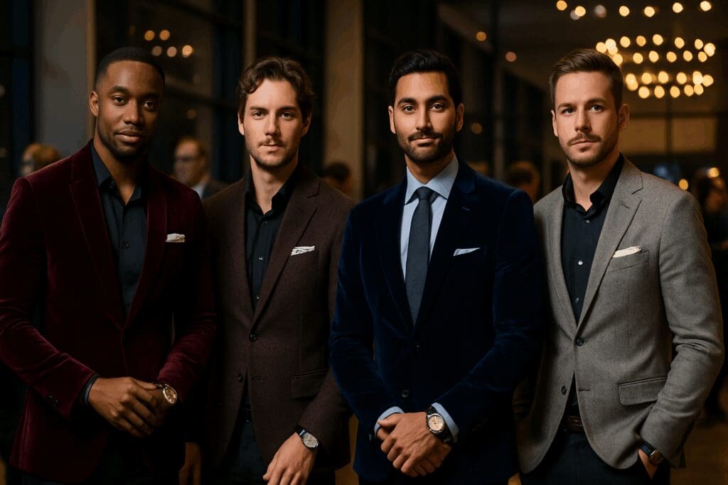 Diverse men in velvet blazers and tailored sport coats styled for after five wear at an upscale evening event.