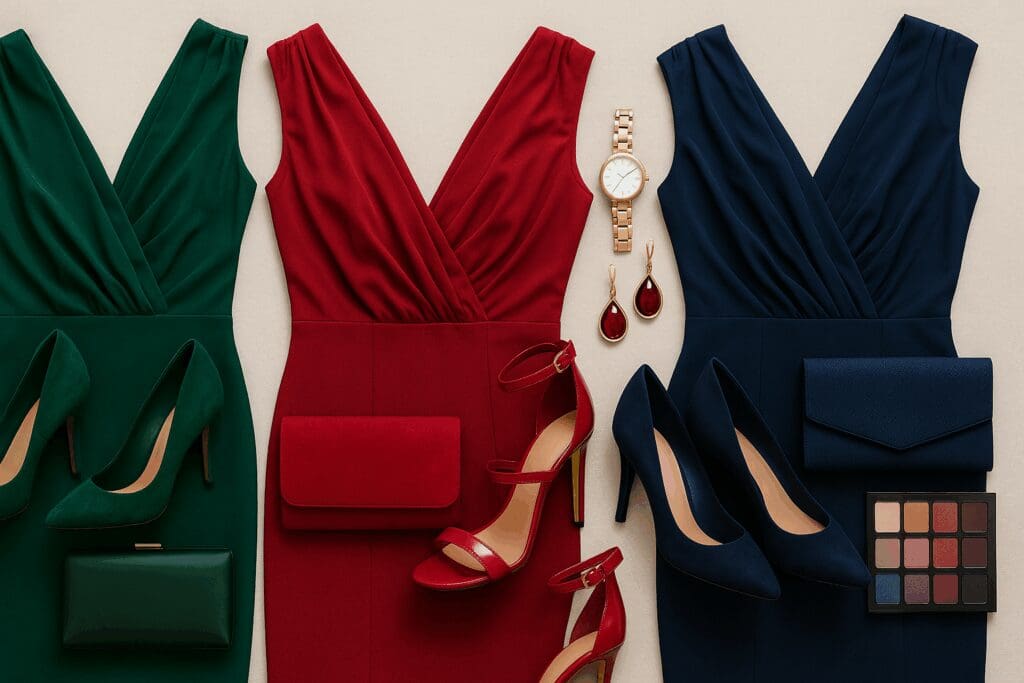 Jewel-toned after five wear ensembles with emerald, ruby, and navy dresses, matched with heels, clutches, jewelry, and makeup palette on a stylist’s table.