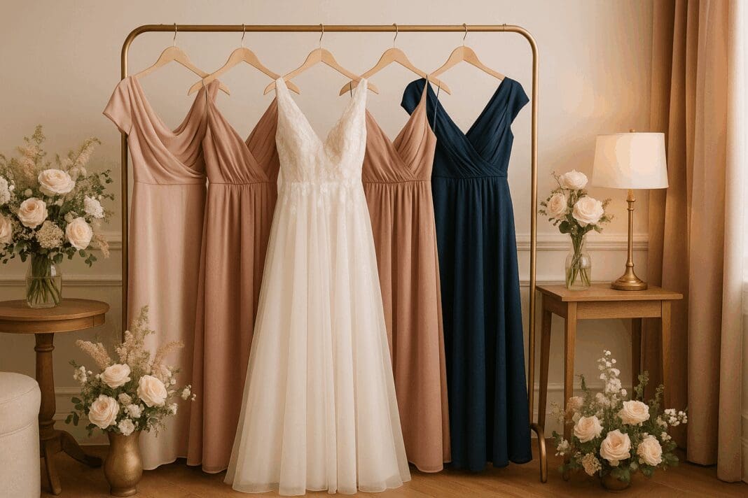 Elegant bridal suite with blush, dusty rose, and navy discount maid of honor dresses hanging on a rack amid soft lighting and floral decor