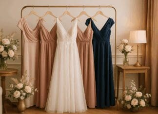 Effortless Elegance on a Budget: The Ultimate Guide to Discount Maid of Honor Dresses Elegant bridal suite with blush, dusty rose, and navy discount maid of honor dresses hanging on a rack amid soft lighting and floral decor