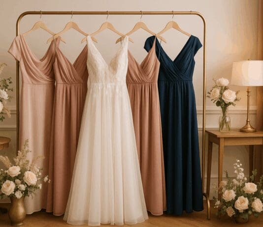 Elegant bridal suite with blush, dusty rose, and navy discount maid of honor dresses hanging on a rack amid soft lighting and floral decor