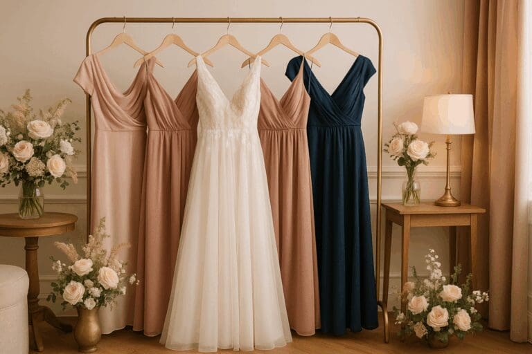 Elegant bridal suite with blush, dusty rose, and navy discount maid of honor dresses hanging on a rack amid soft lighting and floral decor