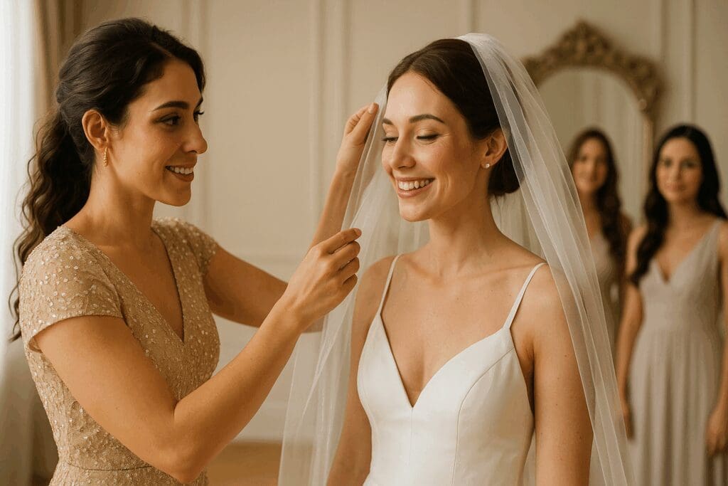 Maid of honor in a subtly embellished gown adjusting the bride’s veil, showcasing elegant options for discount maid of honor dresses.
