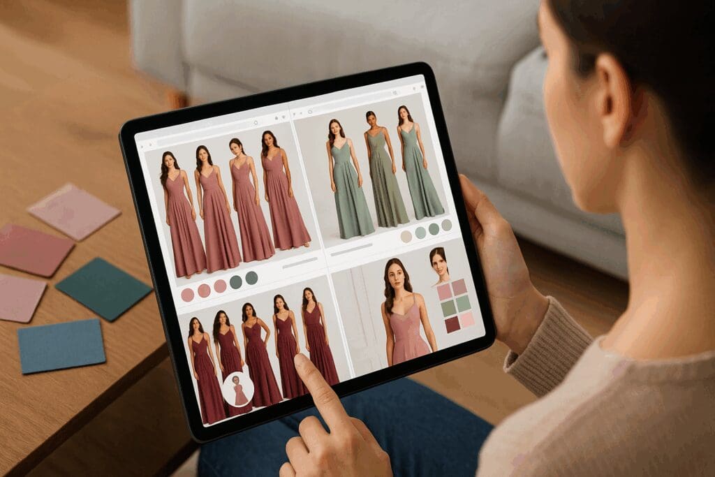 Woman browsing tablet for discount maid of honor dresses in various elegant styles with swatch samples and virtual try-ons visible.