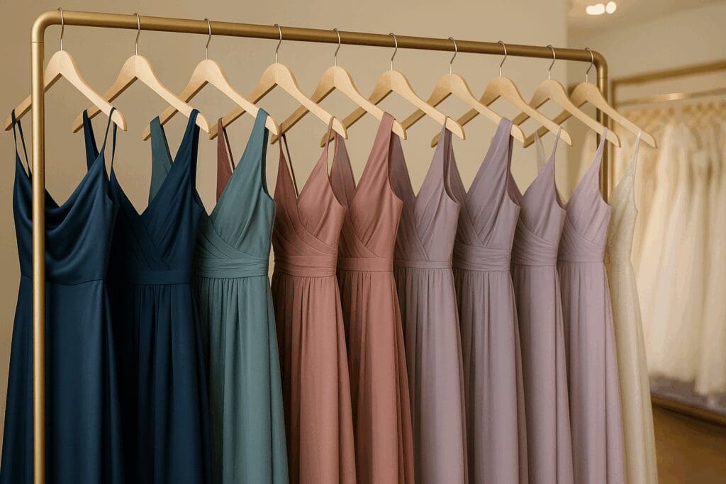 Color-coordinated rack of chiffon and satin discount maid of honor dresses in a bridal boutique, ranging from navy to lilac