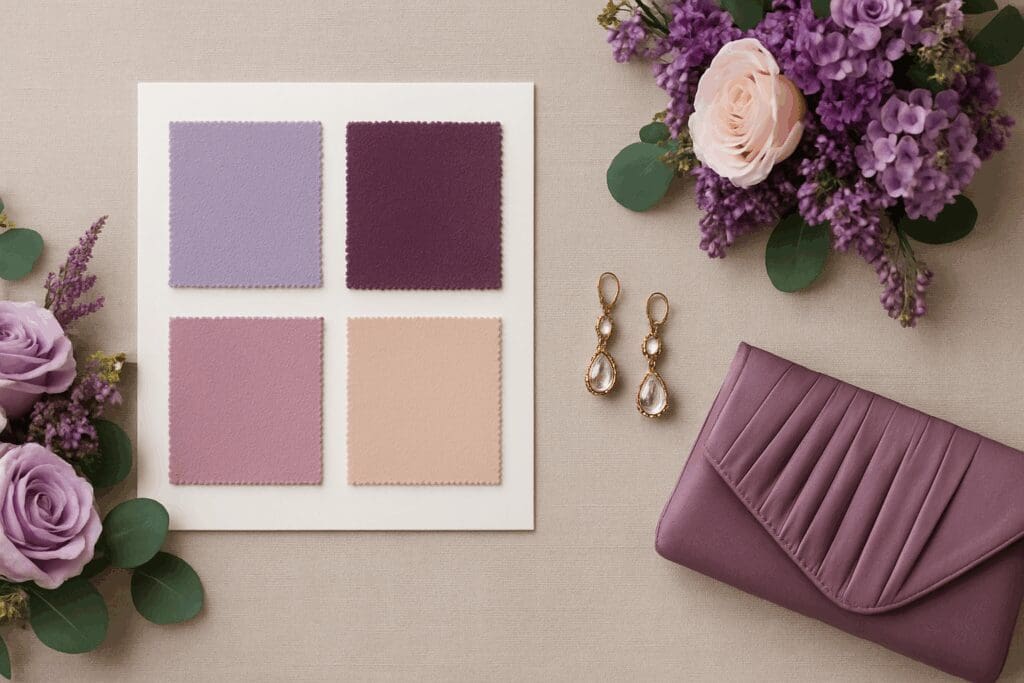 Fabric swatches in lavender, plum, blush, and champagne arranged with accessories and floral bouquets for coordinating discount maid of honor dresses