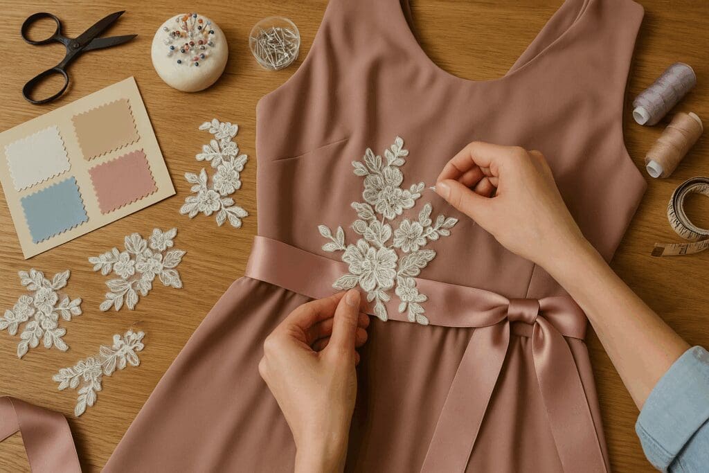 Dressmaker enhancing discount maid of honor dresses with lace appliqués, ribbon sash, and embellishments on a worktable with fabric swatches and sewing tools.
