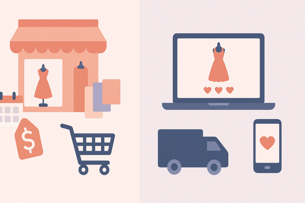 Side-by-side infographic comparing traditional bridal shopping with online buying of discount maid of honor dresses using icons like dress shop, swatches, delivery truck, and hearts.