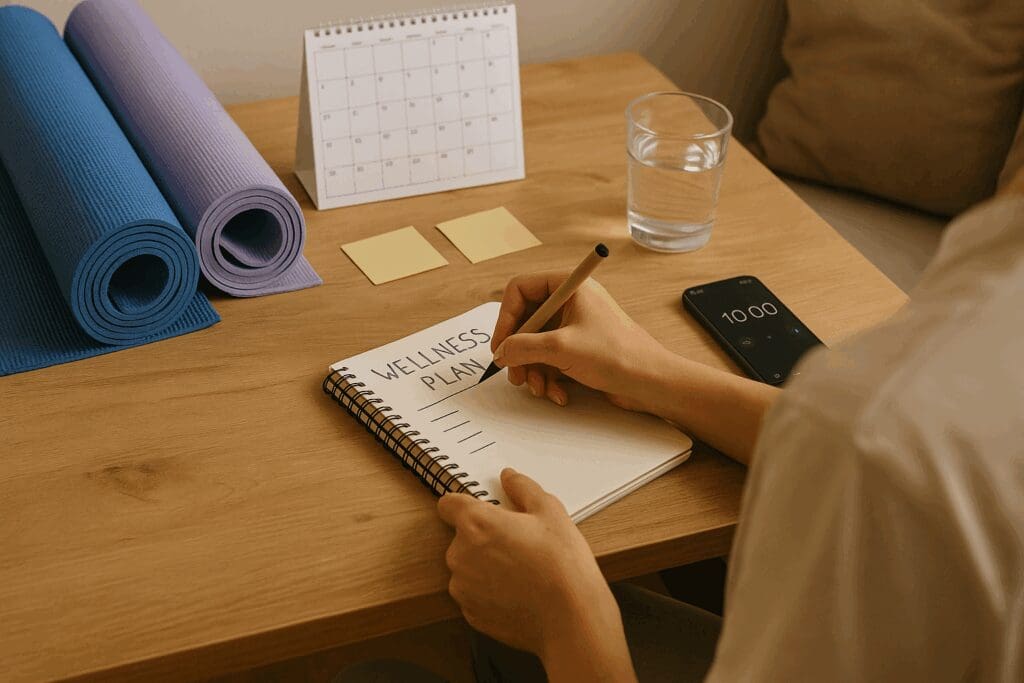 Person journaling a lazy yoga for weight loss routine at a desk with yoga mats, timer, sticky notes, and water nearby