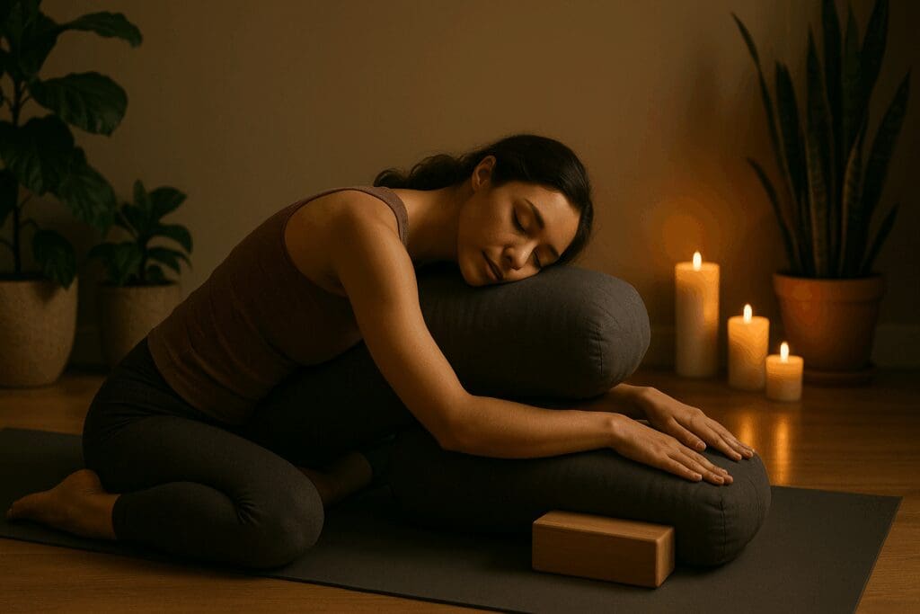 Woman practicing lazy yoga for weight loss in a supported child's pose with bolsters and candles in a calm, plant-filled room