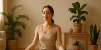 Woman practicing lazy yoga for weight loss in a sunlit living room with plants and neutral decor