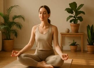 Effortless Fat-Burning Routines: How Lazy Yoga for Weight Loss Delivers Real Results Woman practicing lazy yoga for weight loss in a sunlit living room with plants and neutral decor