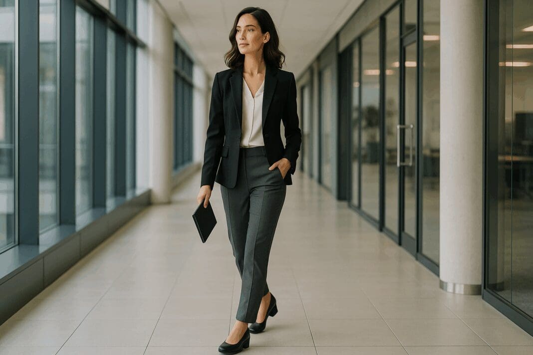 Confident businesswoman walking through a modern office in stylish arch support dress shoes for women, showcasing posture and comfort.