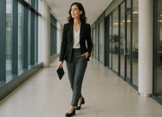 Effortless Style Meets Support: The Ultimate Guide to Arch Support Dress Shoes for Women Confident businesswoman walking through a modern office in stylish arch support dress shoes for women, showcasing posture and comfort.