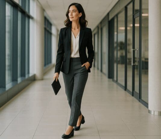 Confident businesswoman walking through a modern office in stylish arch support dress shoes for women, showcasing posture and comfort.