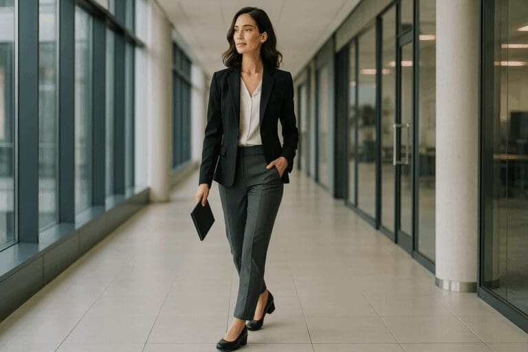 Confident businesswoman walking through a modern office in stylish arch support dress shoes for women, showcasing posture and comfort.